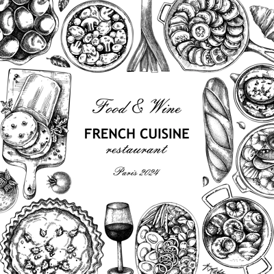 French food frame design. Vintage food and wine sketches. European restaurant menu template. France background. Hand-drawn vector illustration, NOT AI generated
